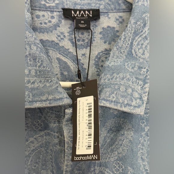 BoohooMan- Boxy Fit Paisley Spliced Denim Jacket MID BLUE-XL - Picture 4 of 9